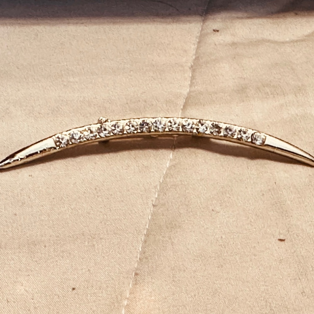 Rhinestone Curved Bar Brooch Crescent Style Pin Silver Tone Vintage 2-7/8” Long